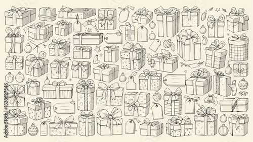 Assortment of hand drawn christmas gift boxes with bows and tags in a sketch style illustration