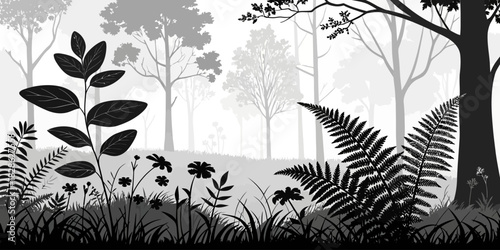A grayscale illustration of a forest with ferns, flowers, and various trees in view