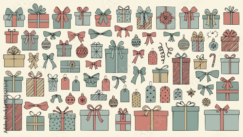 Assortment of christmas presents with bows and tags in a repeating pattern on a light background