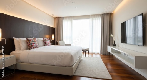 Modern, spacious bedroom with large window