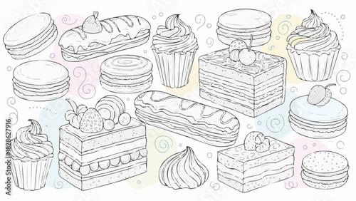 A collection of outlined desserts including macarons, cupcakes, eclairs, and layered cakes is shown
