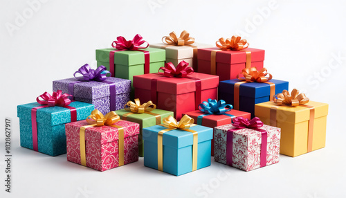 colorful gift boxes with ribbons isolated on a white background.