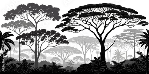 Silhouette of a dense forest with various trees and plants in grayscale illustration