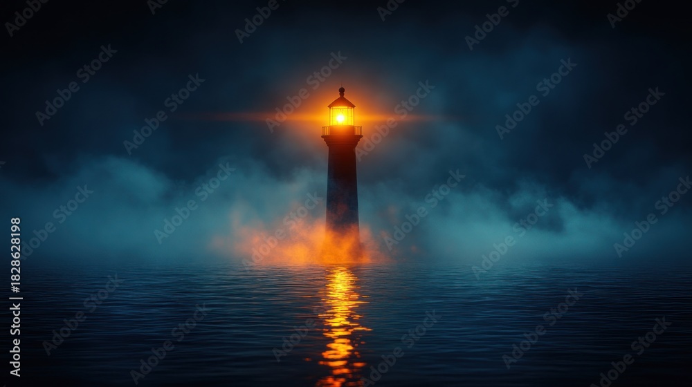 Obraz premium Lighthouse in dark misty sea