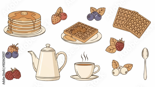 Illustration of pancakes waffles berries coffee pot and spoon for breakfast or brunch time food theme