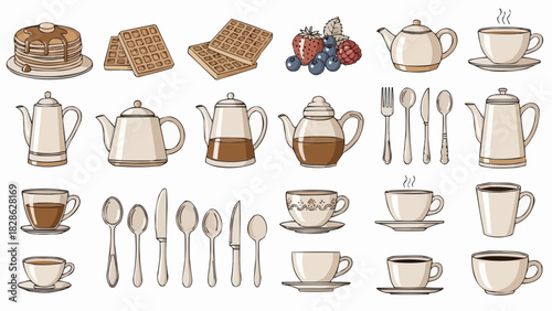 Illustration of breakfast items including pancakes waffles teapots cups and silverware arranged neatly