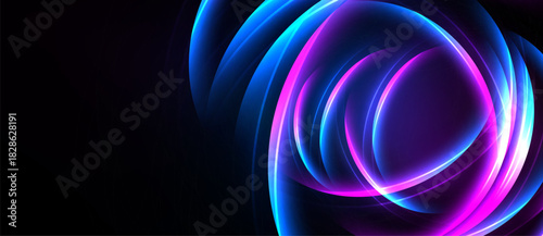 Abstract neon lights create swirling patterns. Vivid blue, purple, pink hues dominate dark background. Dynamic energy radiates from center.