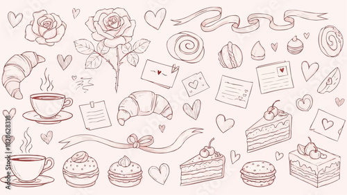 Sketch style illustration featuring roses croissants coffee and various sweet treats on a light background