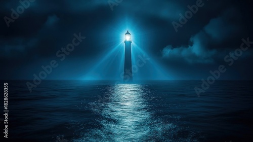 Luminous lighthouse at night on dark sea