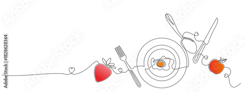 Healthy food horizontal pattern. Background with cutlery, healthy drinks and fruit. Continuous drawing style. Vector illustration