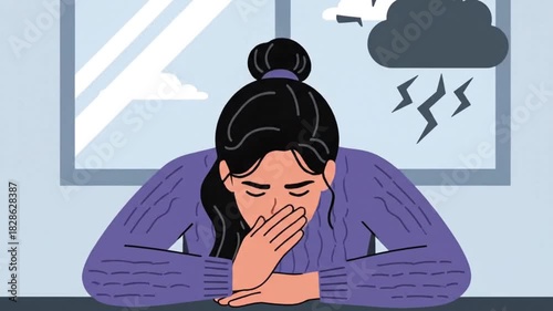 Woman experiencing emotional distress and mental health struggles, depicted with a storm cloud overhead symbolizing sadness and anxiety