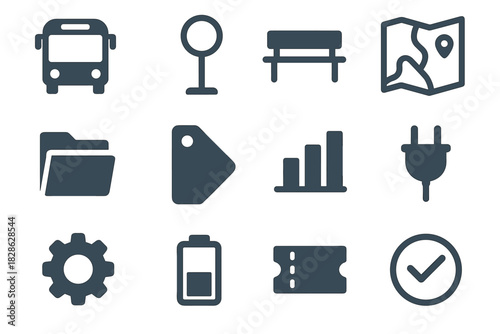 Vector battery bus map folder gear icons stop tag chart icon checkmark