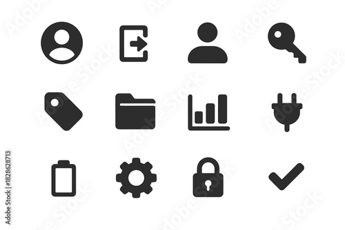 Person icon vector login set plug password battery minimalist chart gear padlock