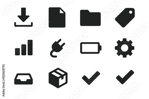 Set down arrow folder vector gear document icon box tag minimalist chart