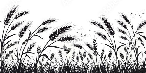 A monochrome illustration of a wheat field with birds flying above the crops at daytime
