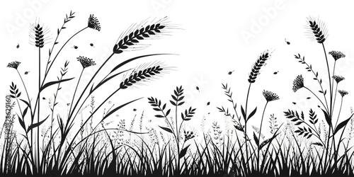 Silhouette illustration of wheat stalks and various plants in a field on white background