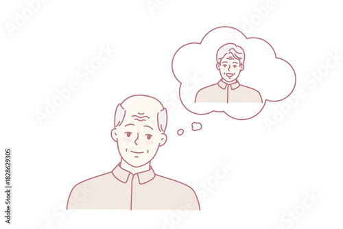 Old man remember young year. Mature grandfather suffer from baldness and alopecia. Healthcare and elderly troubles. Vector illustration.