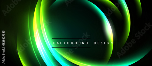 Abstract neon lines create flowing shapes. Dark background emphasizes vibrant green, blue glow. Modern design element.