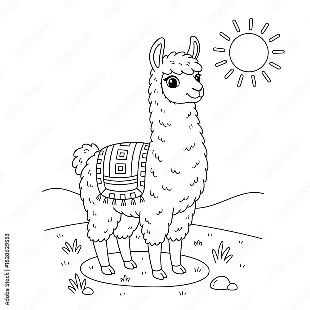 Obraz premium A coloring page of a llama standing in a field with the sun