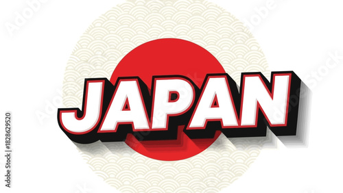 Creative graphic art representing Japan with bold typography and the symbolic red sun on a patterned background