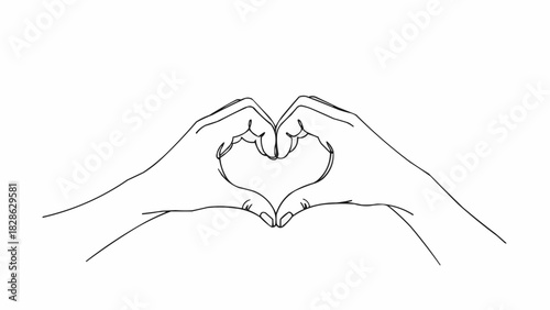 Two hands forming a heart shape in a line drawing against a white background showing love and affection