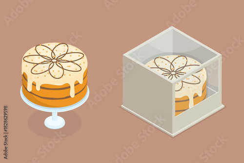 Сake packed in a box with a transparent lid and a cake on a plate. Festive dessert for a birthday. Isometric flat illustration yummy dessert.