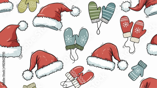 Seamless pattern featuring santa hats and mittens in various colors and designs scattered across the background