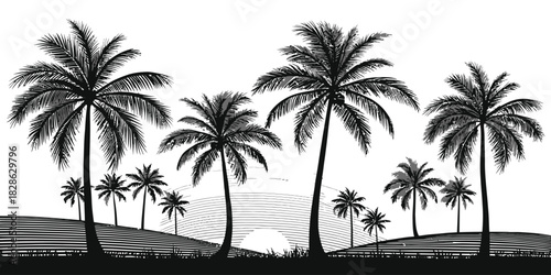 Silhouette of several palm trees on a hill with a sunrise in the background artwork