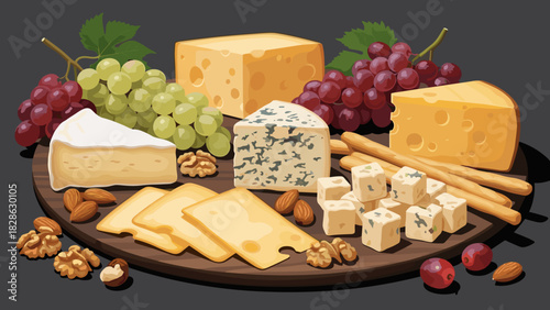 Cheese platter with grapes, nuts, and various cheese types  