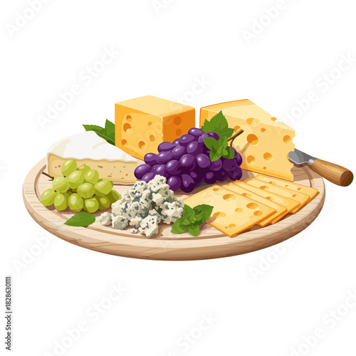 Cheese platter with grapes featuring various cheese types and fruits  