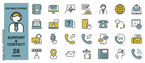 Support & Contact Icon Set – Customer Service, Help Desk, Call and Feedback. Editable Stroke, Colored Vector Illustration