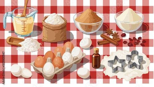 Holiday baking ingredients on checkered tablecloth in vibrant colors  