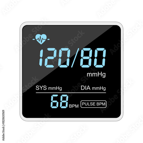 Blood pressure monitor screen displaying 120/80 mmHg reading  
