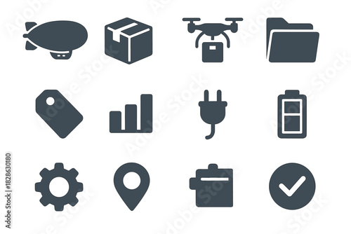 Icons currency parcel plug air gear drone icon pin vector battery tag