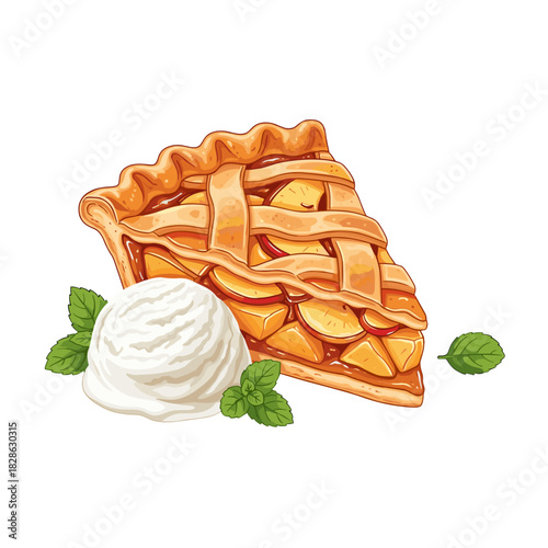 Slice of apple pie with ice cream and mint leaves on white background  