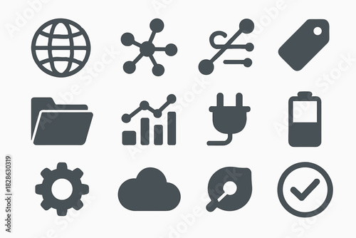 Flat icon minimal vector connected checkmark chart battery folder network tag links