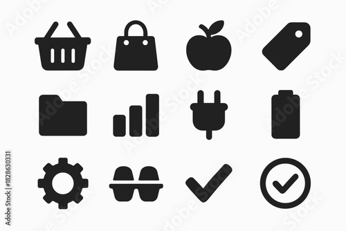 Set box plug vector battery egg grocery bag shopping apple icon folder