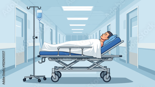 Person on gurney lying in hospital corridor with IV stand nearby  