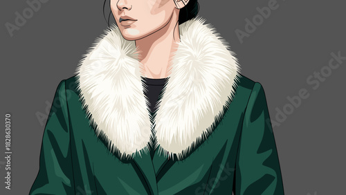 Woman wearing a green fur collar coat with white trim  