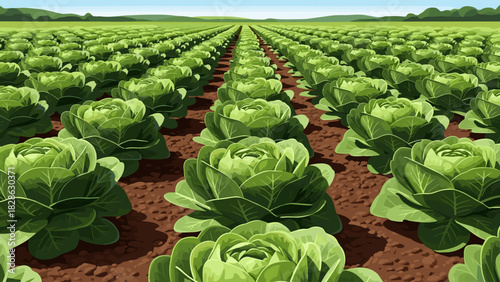 Rows of lettuce growing in green field under blue sky  