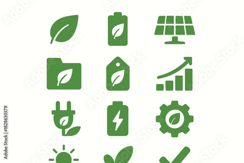 Battery panel green icons plug icon gear vector energy solar checkmark chart