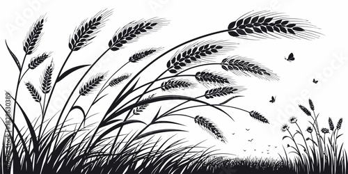 Black and white illustration of wheat field with butterflies flying around in the air