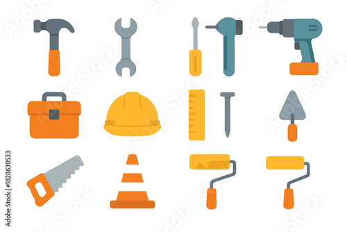 Saw construction trowel icons wrench nail icon screwdriver drill vector toolbox ruler