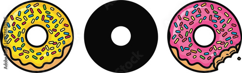 A set of colorful cartoon donuts with sprinkles including a bitten pink donut and a black silhouette perfect for bakery menus or sweet treat concepts