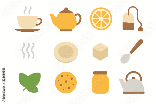 Teapot collection honey lemon tea cup sugar icon vector slice steam
