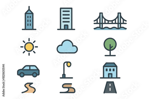 Vector icon skyline urban lamp tower icons skyscraper car office bridge sun