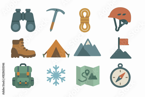 Ice flag backpack snowflake boot icons expedition map vector icon mountain rope