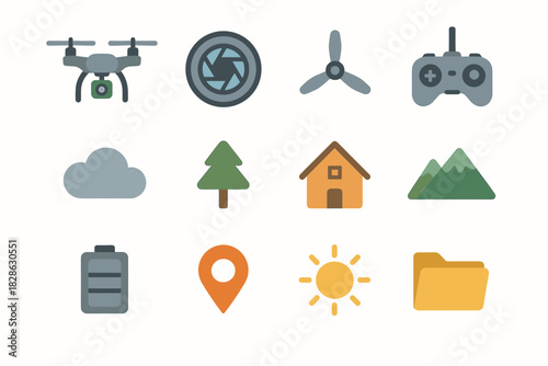 Controller icons drone camera vector aerial icon house mountain sun propeller cloud