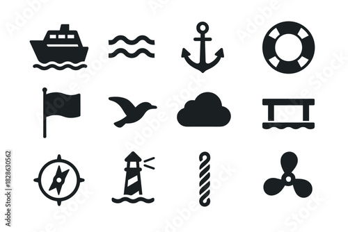 Boat lighthouse collection flag life propeller seagull ferry icon wave vector dock