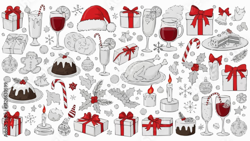 Festive holiday illustration featuring christmas treats and gifts in a decorative arrangement style image